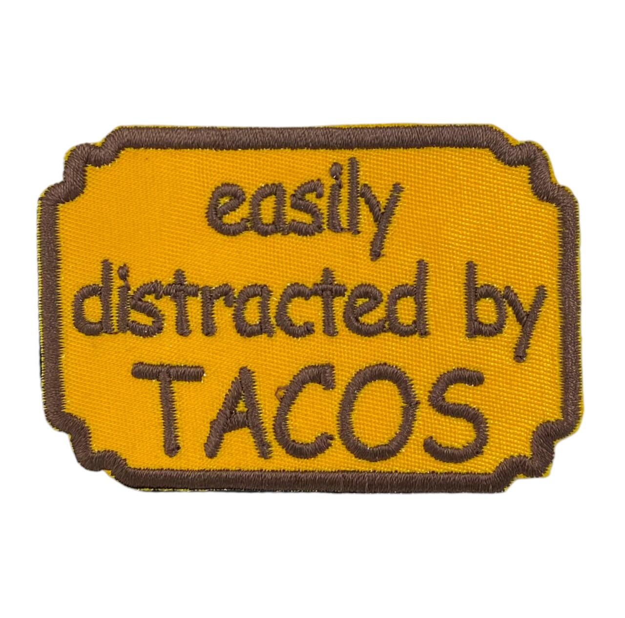 Funny Easily Distracted by Tacos Embroidered Iron-On Patch, Taco Humor Patch, 2 inch x 3 inch